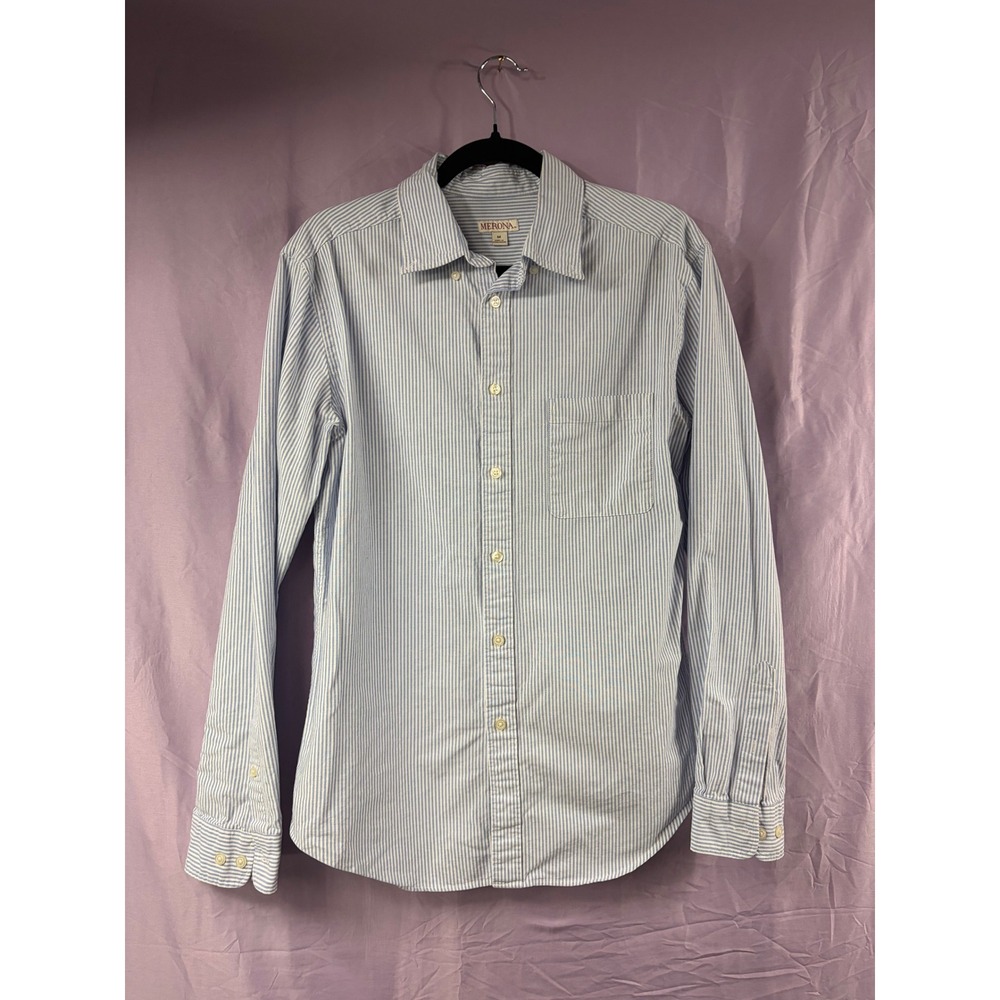 Merona Womens Blue White Striped Cotton Button Down Shirt Size M Long Sleeve